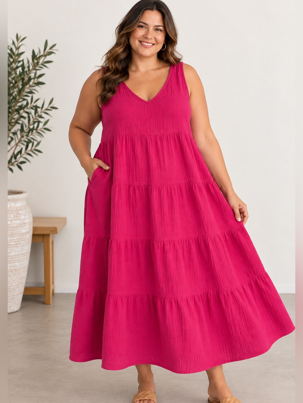 Quince Organic Cotton Gauze Tiered Maxi Dress 2X Amaranth Pink Fuscia